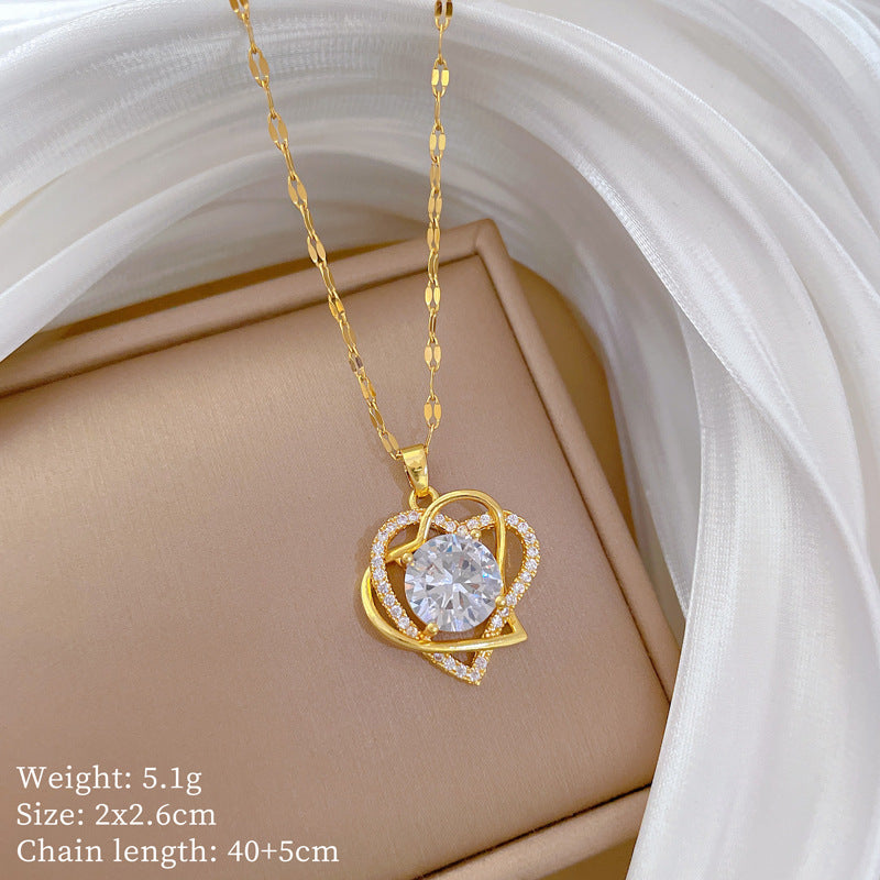 Collar de acero inoxidable de doble capa con forma de corazón e incrustaciones de diamantes de imitación para mujer, cadena de clavícula minimalista y elegante