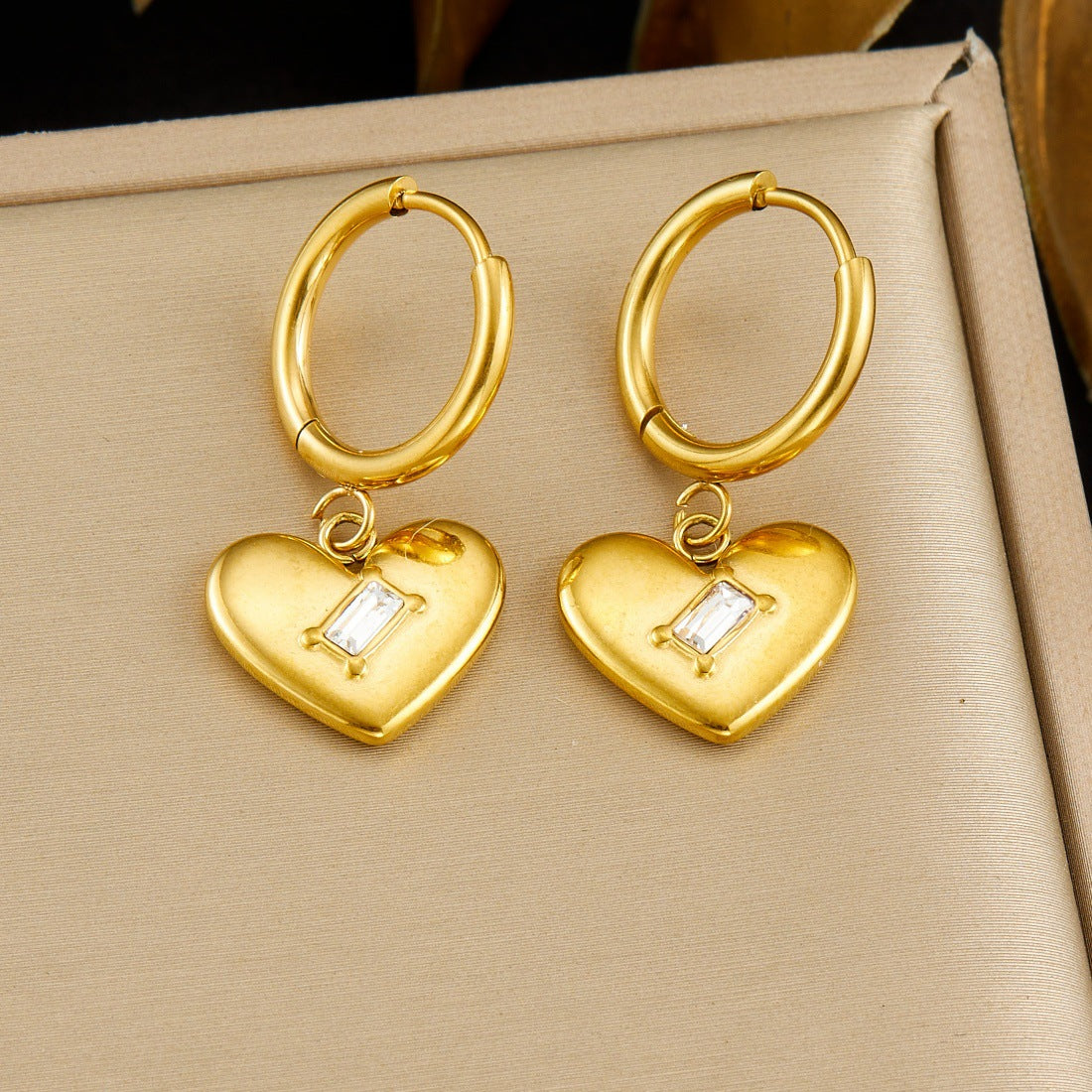 Minimalist Gold Plated Stainless Steel Square Heart Rhinestone Earrings