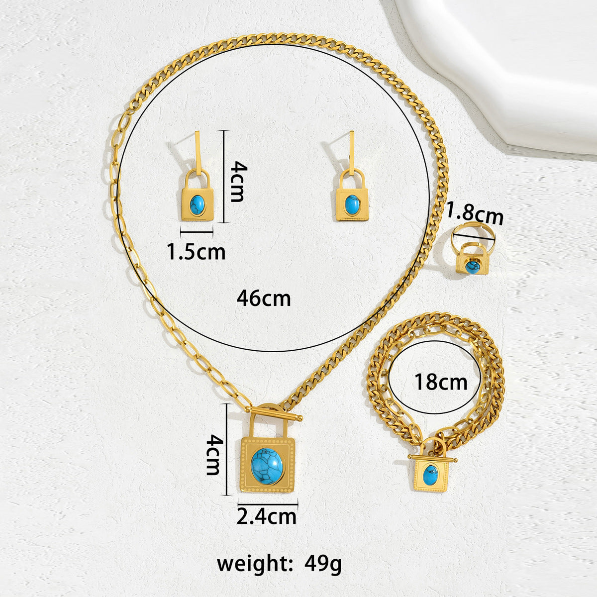 Conjunto de collar, aretes y pulsera con incrustaciones de turquesa en forma de candado para mujer, estilo hip hop minimalista