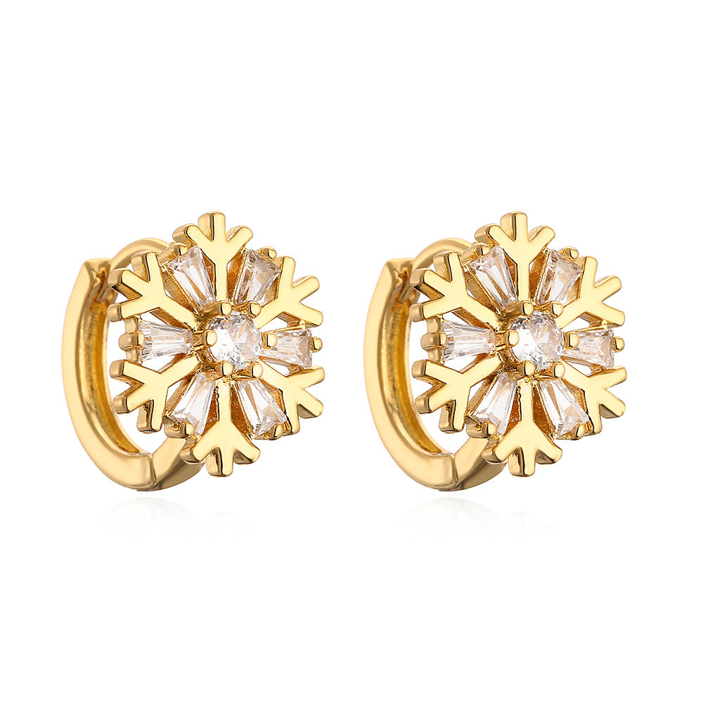 Minimalist Elegant Gold Plated Brass Geometric Bow Snowflake Earrings with Cubic Zirconia for Women