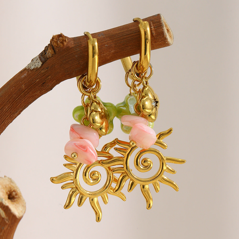 Vintage Luxury 18K Gold Plated Stainless Steel Geometric Flower Sun Tassel Earrings for Women