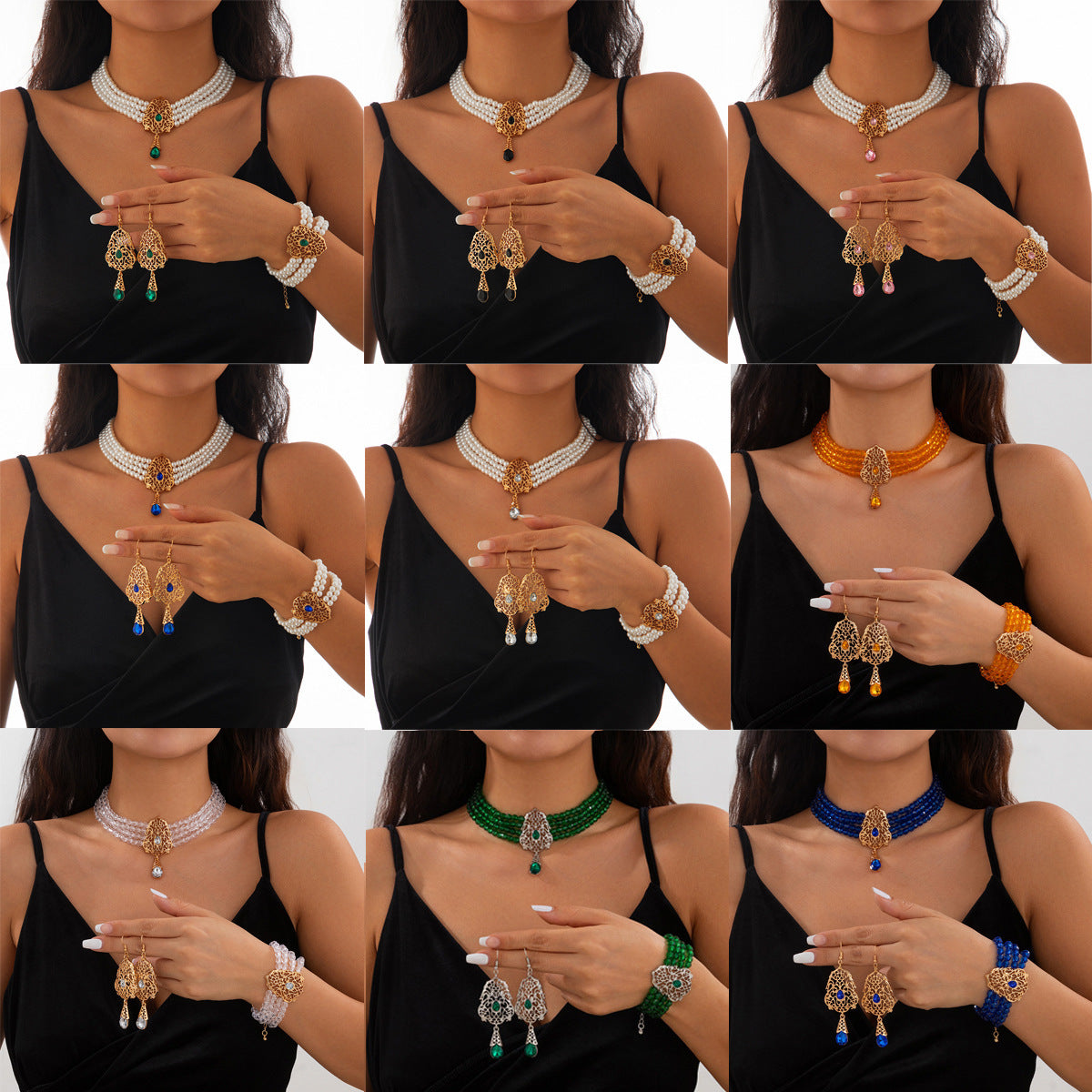 Vintage Luxury Square Geometric Rhinestone Imitation Pearl Alloy Plated Ball Chain Choker Necklace Set for Women
