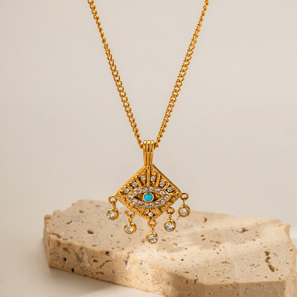 INS Style Geometric Evil Eye Square Pendant Ring in Stainless Steel with 18K Gold Plating and Zircon Inlay