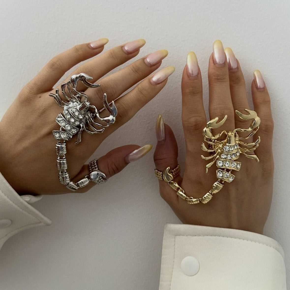 Punk Rhinestone Inlaid Geometric Alloy Scorpion Chain Ring for Women