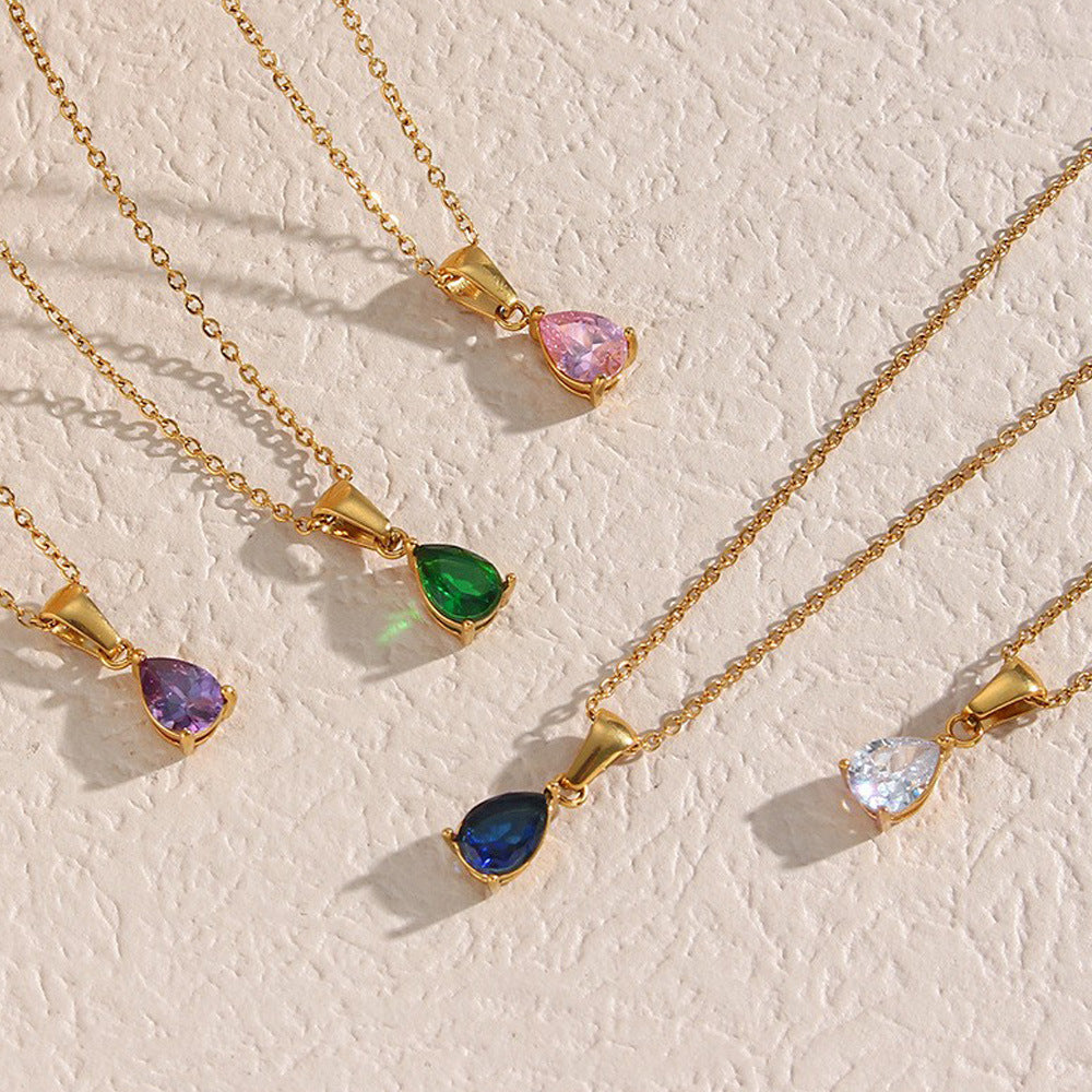 Minimalist Geometric Teardrop Zircon Pendant Necklace in Stainless Steel with 18K Gold Plating for Women