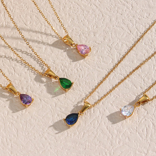Collana Pendente a Goccia Geometrica Minimalista con Zirconi in Acciaio Inossidabile Placcato Oro 18K da Donna