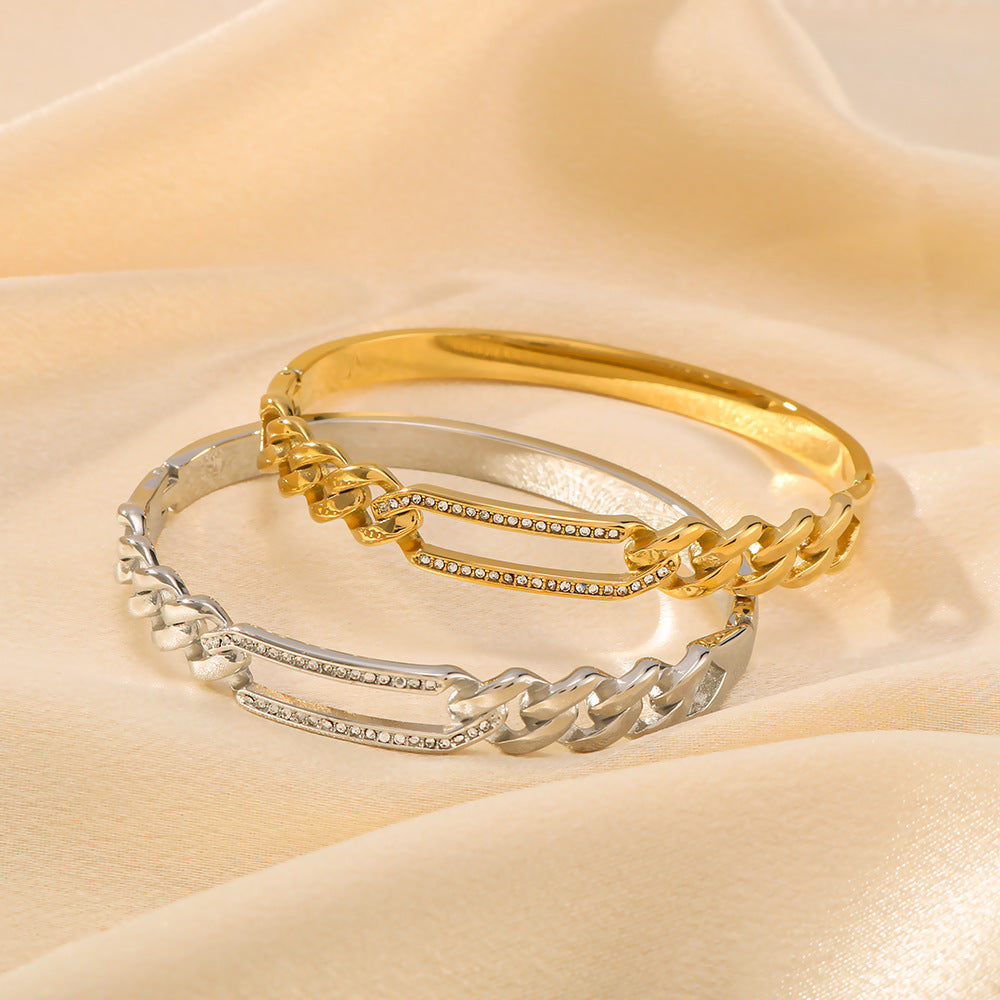 Minimalist Rectangular Hollow Bangle with Herringbone Texture, Rhinestone Inlay, Stainless Steel Base, 18K Gold Plated Finish for Women