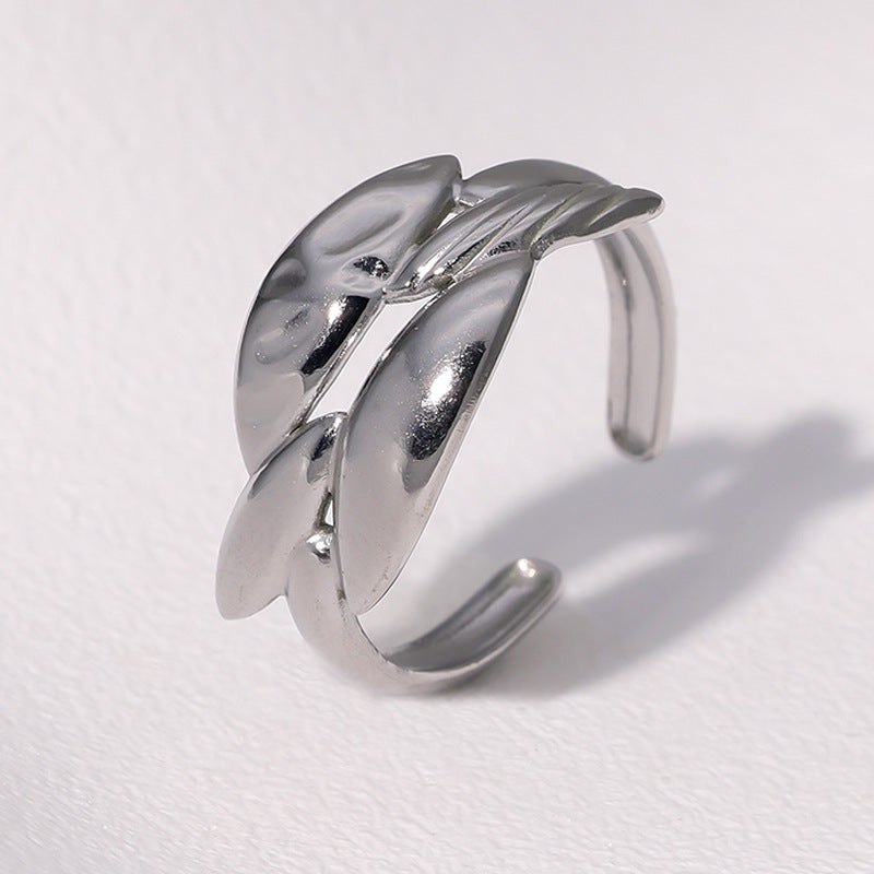 Minimalist 18K Gold Plated Stainless Steel Adjustable Open Ring Geometric Leaf Design for Women