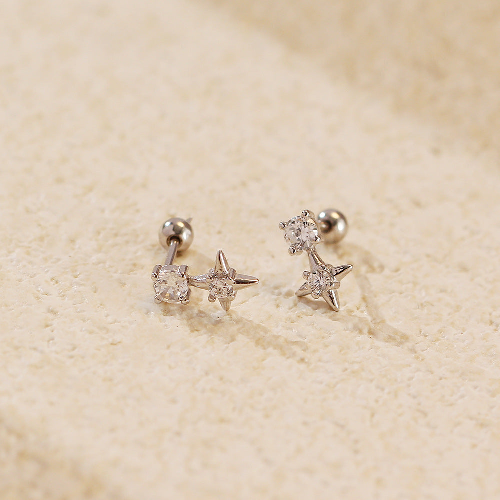 Minimalist 925 Sterling Silver Geometric Star Stud Earrings with Rhinestone Inlay
