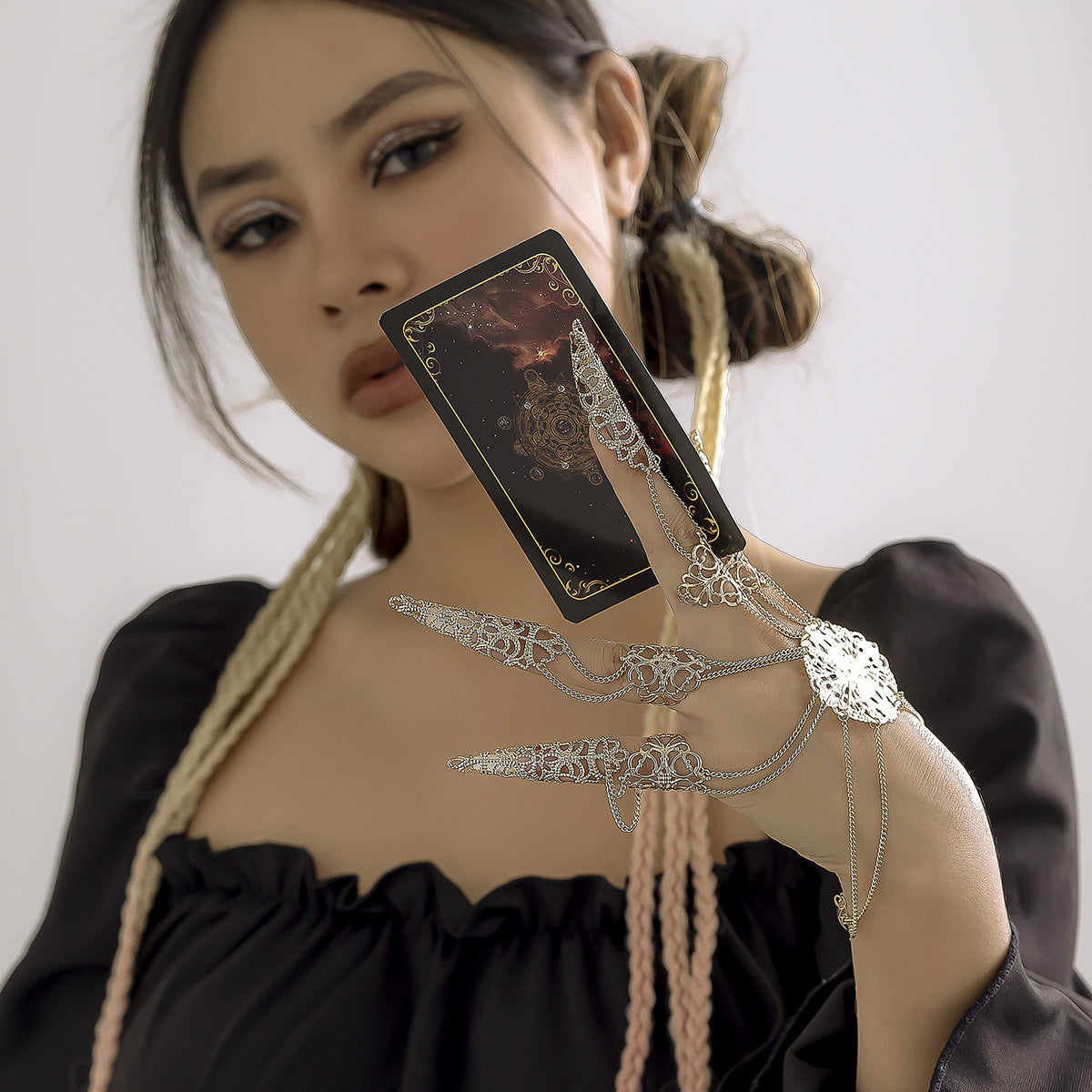 Gothic Style Geometric Pendant Finger Bracelet with Tassel and Chain Detail for Women