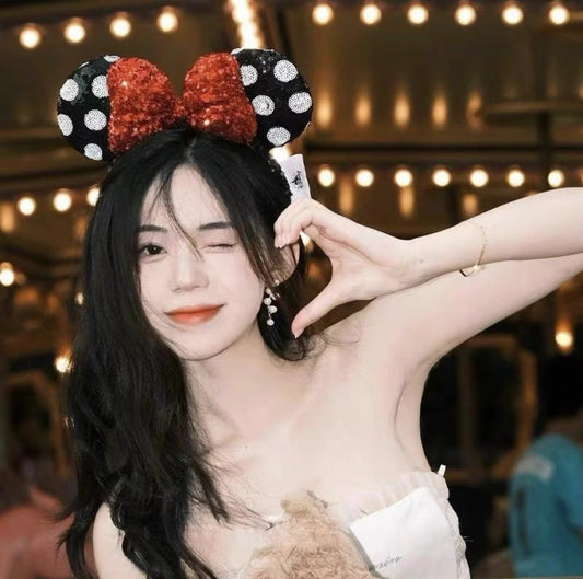 Cartoon Mickey Mouse Hairband with Bowknot and Glitter for Kids, Geometric Shape Fabric Headband for Party and Holiday