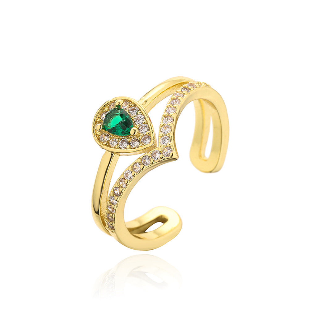 Anello Aperto Geometrico da Donna in Rame con Placcatura in Oro 18K e Intarsio di Zirconi Verdi