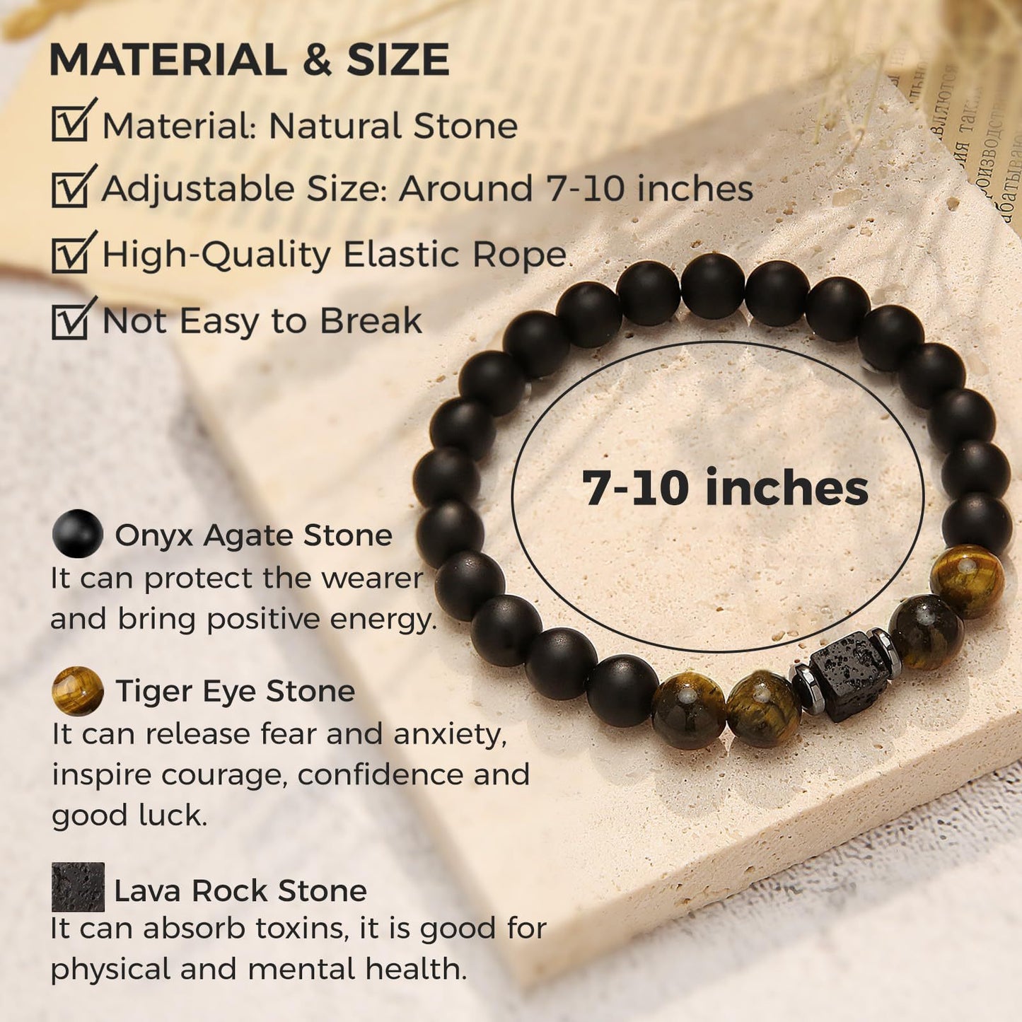 Heart Shape Tiger Eye Volcanic Stone White Pine Sandstone Beaded Bracelet Set Unisex