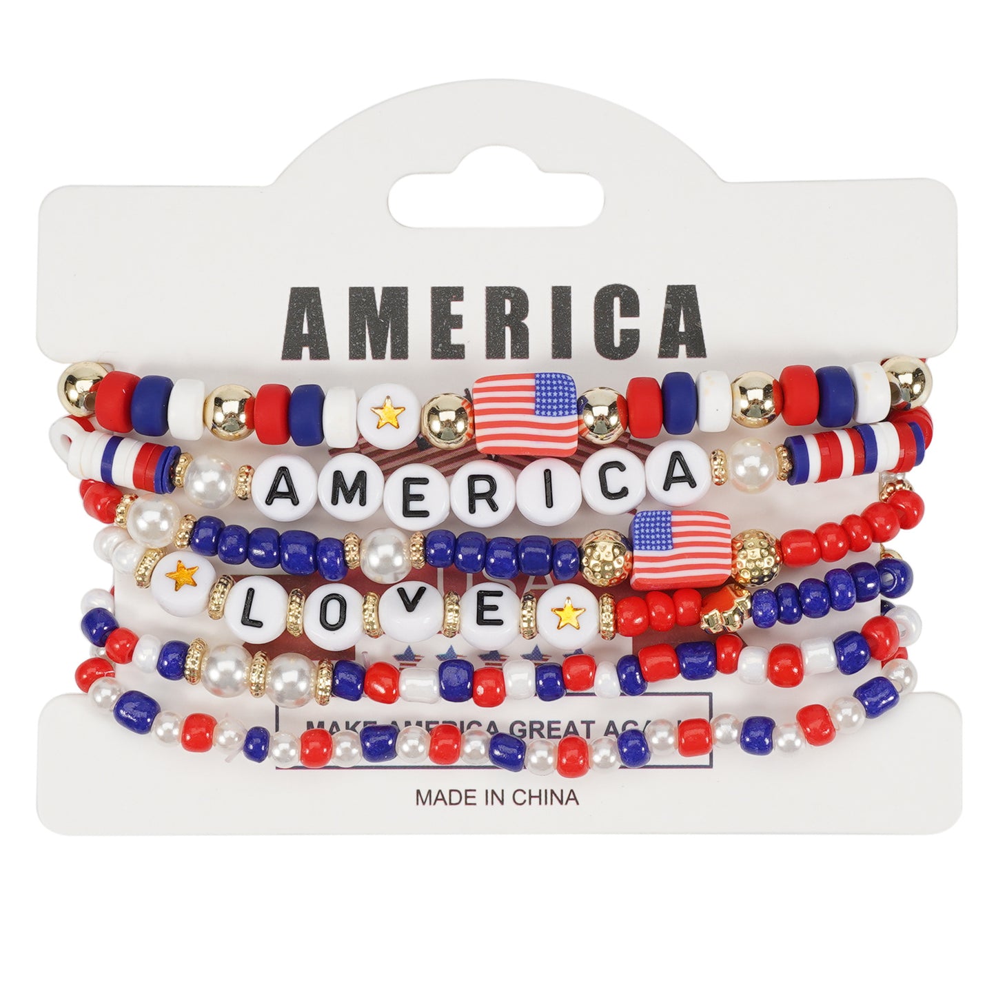 Bracciale Geometrico con Perline di Vetro Unisex con Charm Bandiera Americana Festa dell'Indipendenza