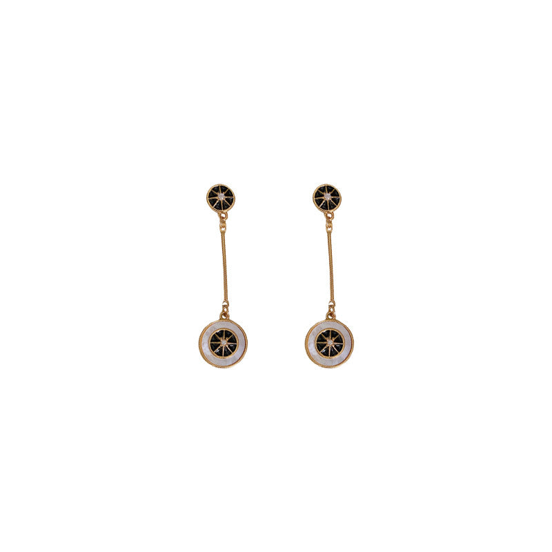 Vintage-Style Geometric Mother-of-Pearl and Zircon Round Earrings with Gold-Plated Copper Base and Stainless Steel Posts
