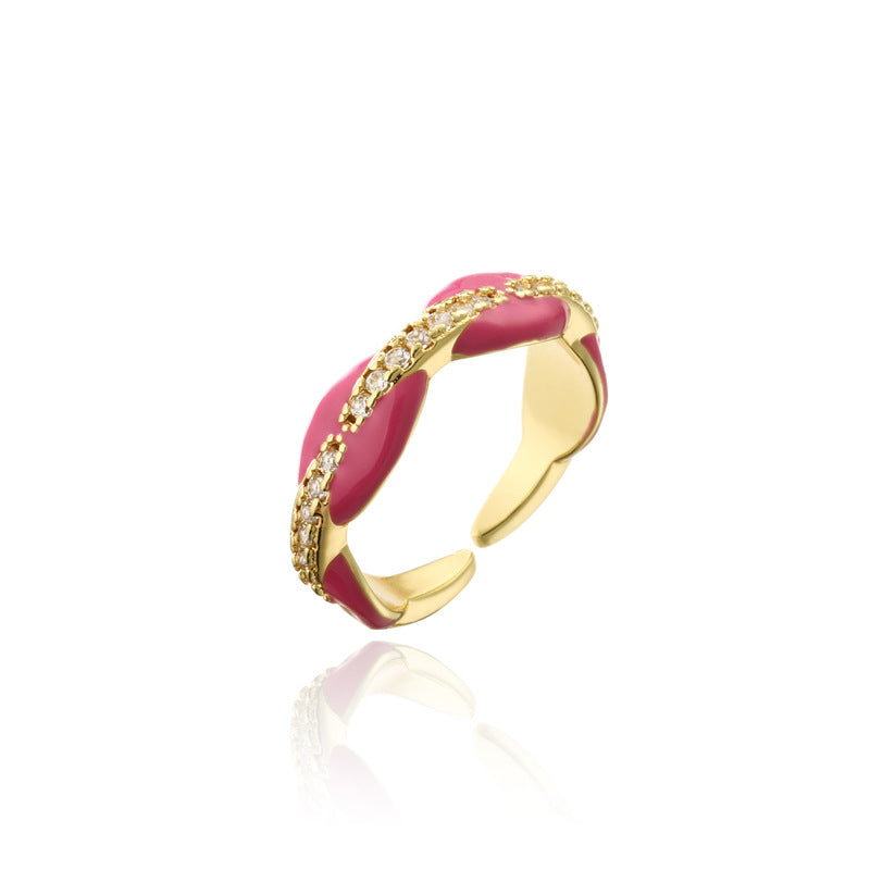 Elegant 18K Gold Plated Geometric Brass Ring with Colorful Drip Oil and Micro-inlaid Cubic Zirconia