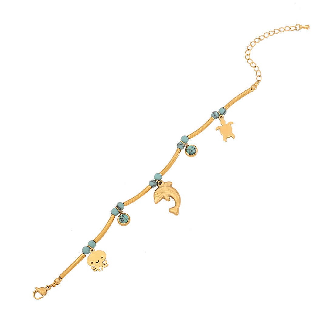 Bracciale alla moda con tartaruga e stella marina in acciaio inossidabile con dettagli turchesi da donna
