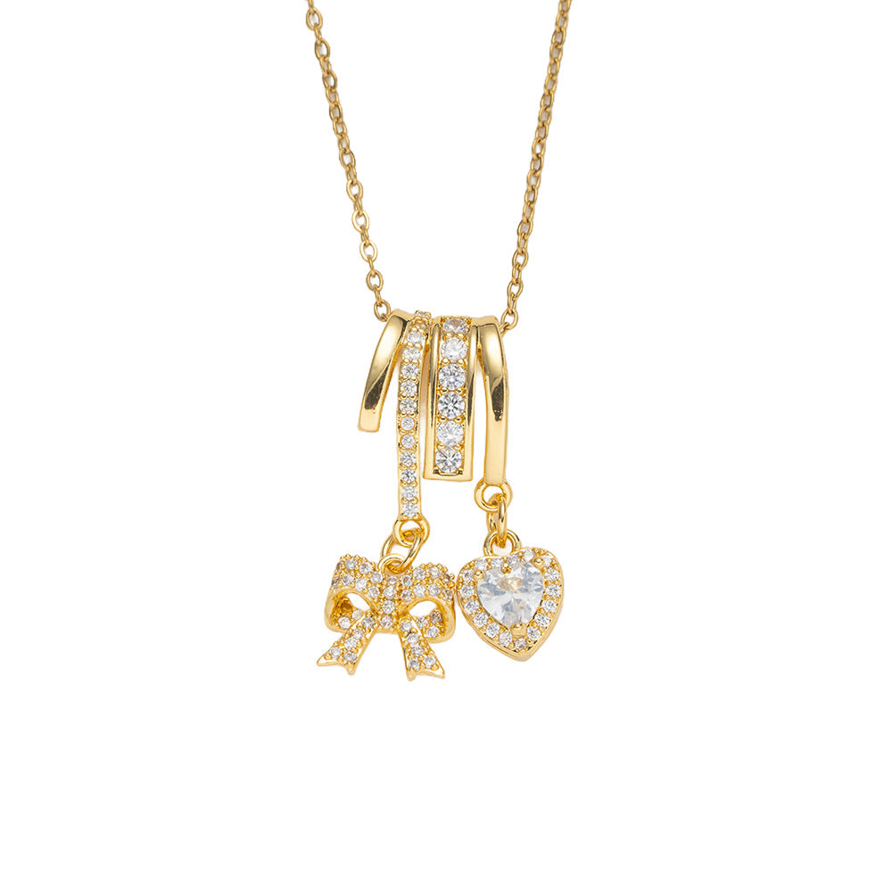 Collana Pendente Lusso Minimalista a Fiocco e Cuore in Acciaio al Titanio Placcato Oro su Catena a O per Unisex