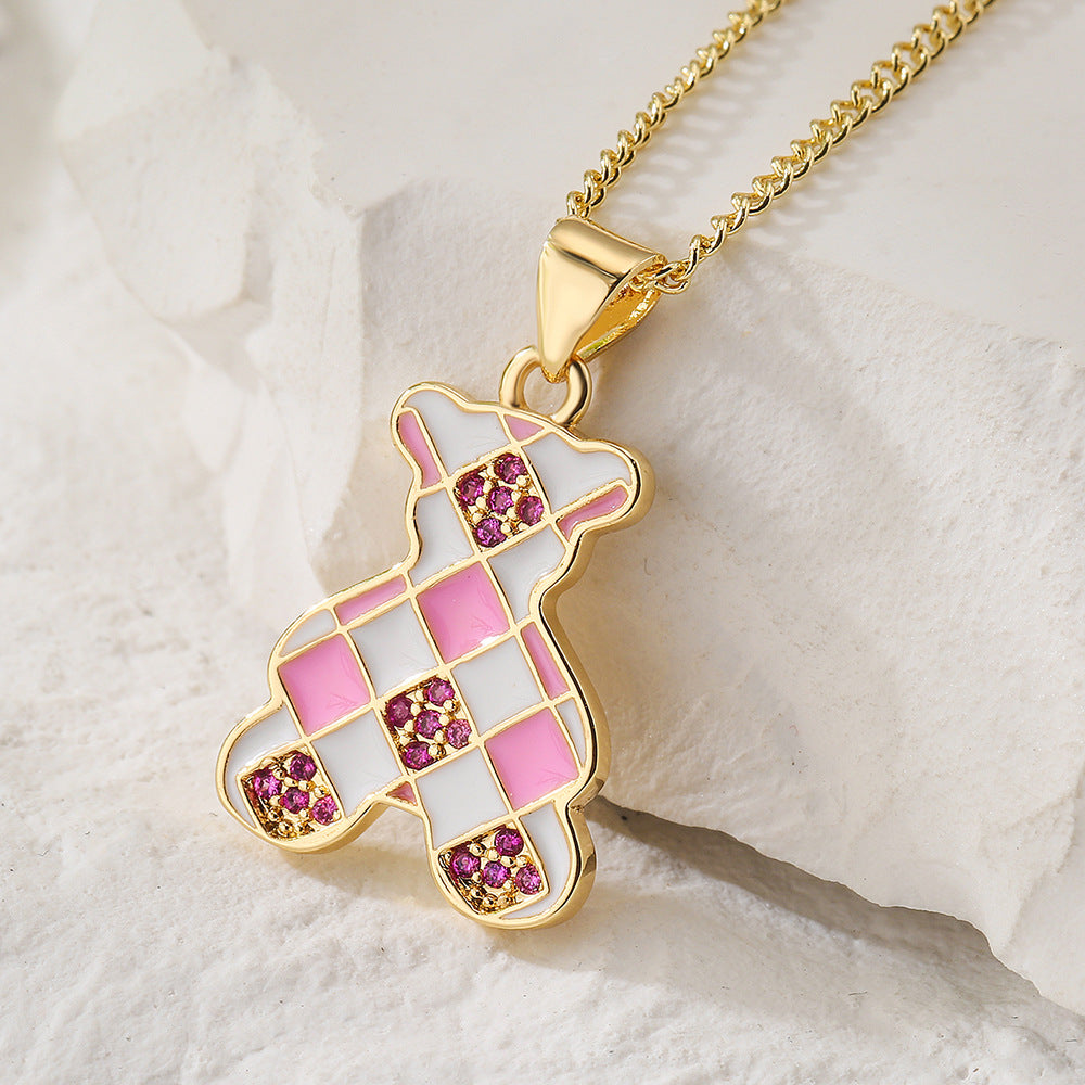 Graziosa collana con ciondolo a forma di orsetto da donna in rame con placcatura in oro 18K, finitura smaltata e dettagli in zirconia cubica