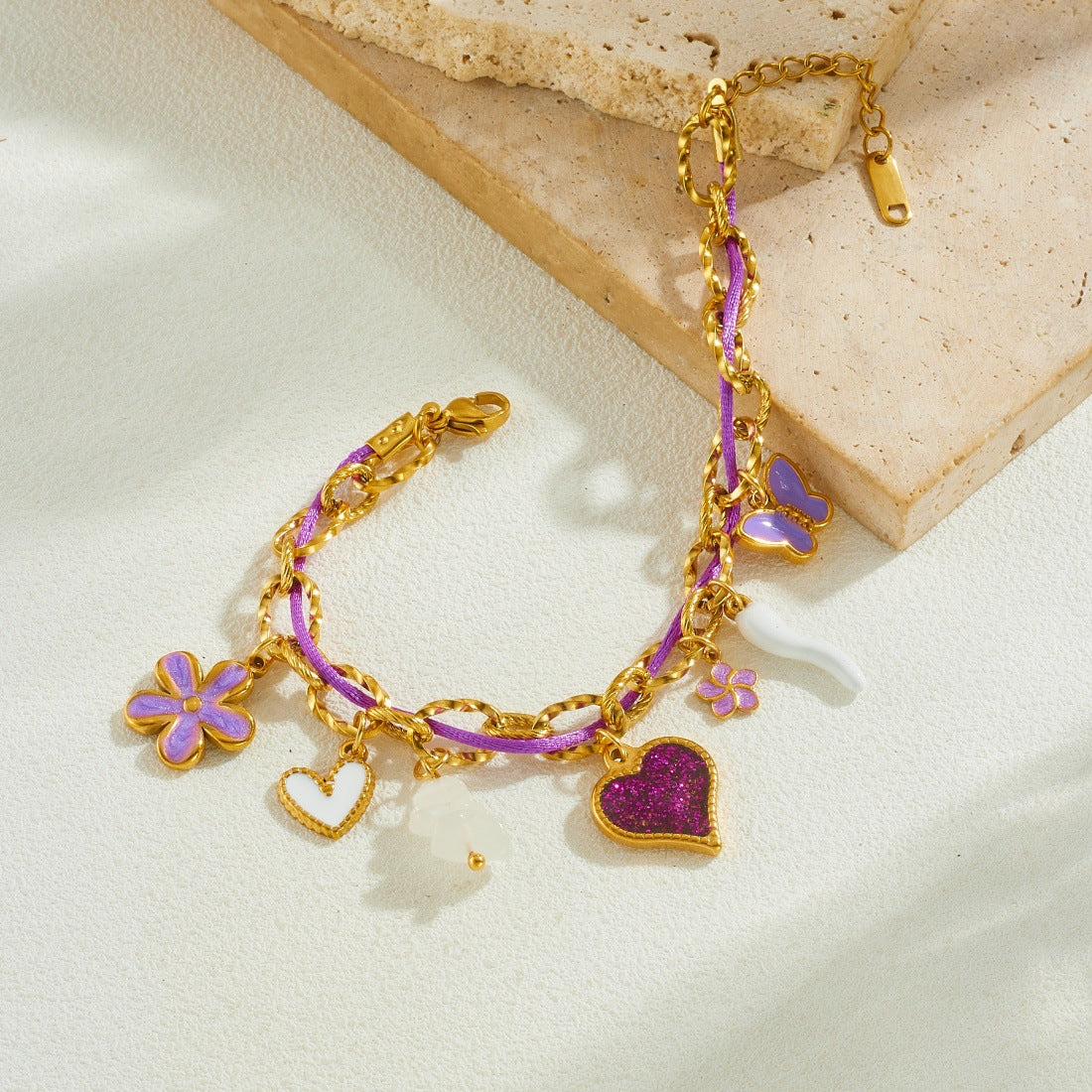 Sweet Purple Drip Oil Butterfly Heart Floral Stainless Steel Pearl Bracelet