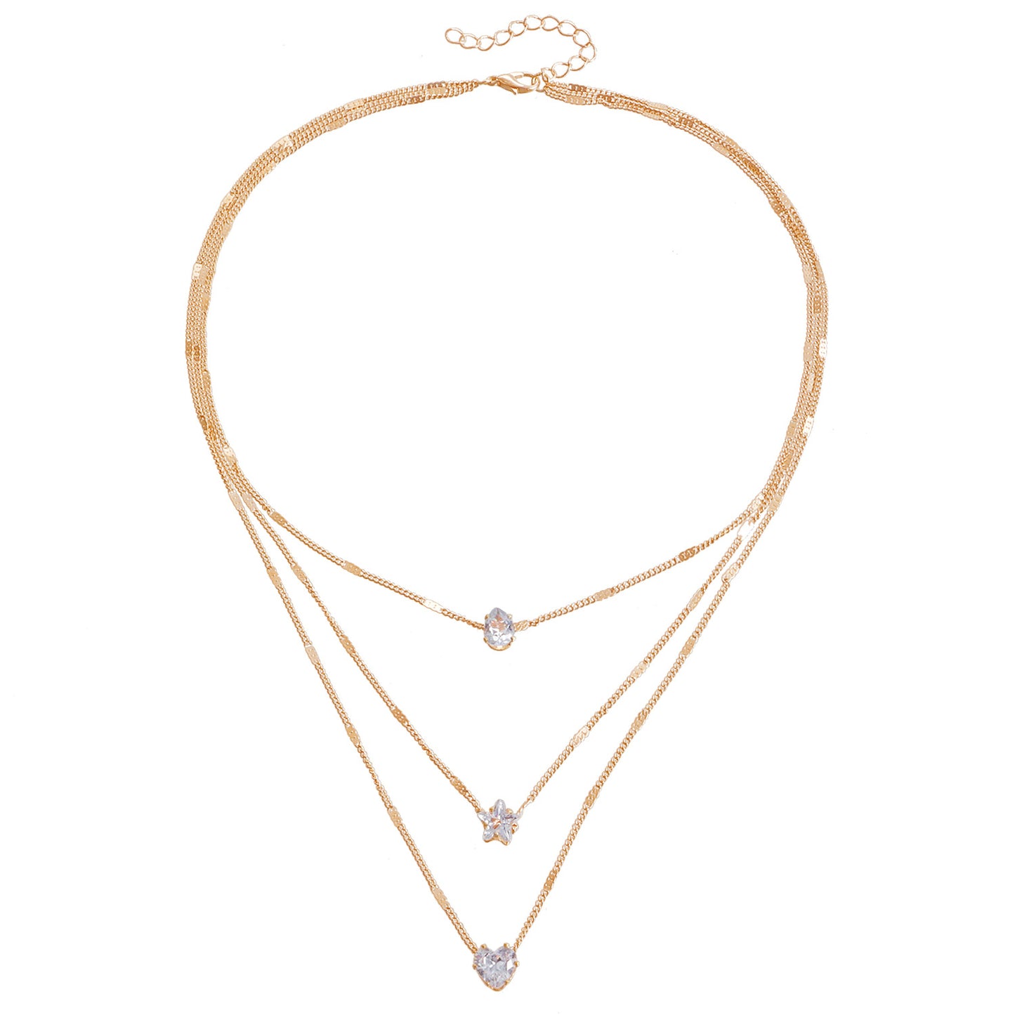 Collana Pendente Multistrato Minimalista Vintage con Stella, Cuore e Goccia per Donna in Lega Placcata e Catenina alla Clavicola