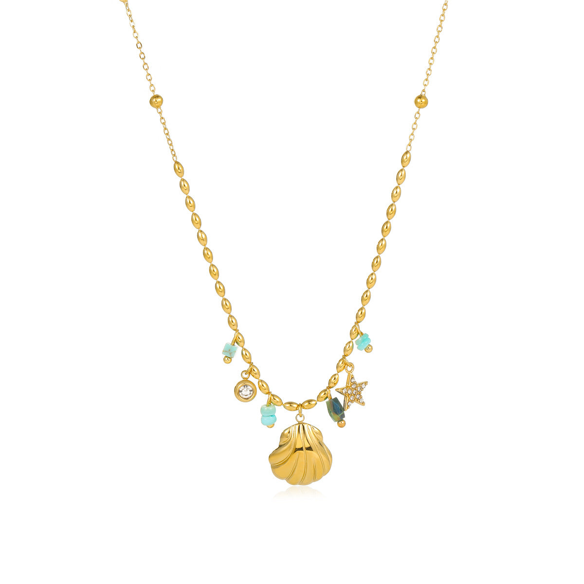 Collana con Pendente a Stella Marina e Conchiglia Ispirata all'Oceano, di Tendenza, in Acciaio Inossidabile con Placcatura in Oro 18K e Intarsio di Strass, da Donna