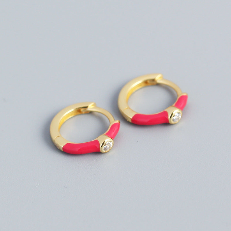 Orecchini a Cerchio Minimalisti Dolci in Argento Sterling 925 con Dettagli Geometrici e Smalto a Goccia Micro-incastonati