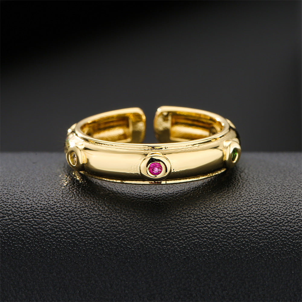 Anello Aperto Geometrico da Donna in Rame con Placcatura in Oro 18K e Intarsio di Zirconi