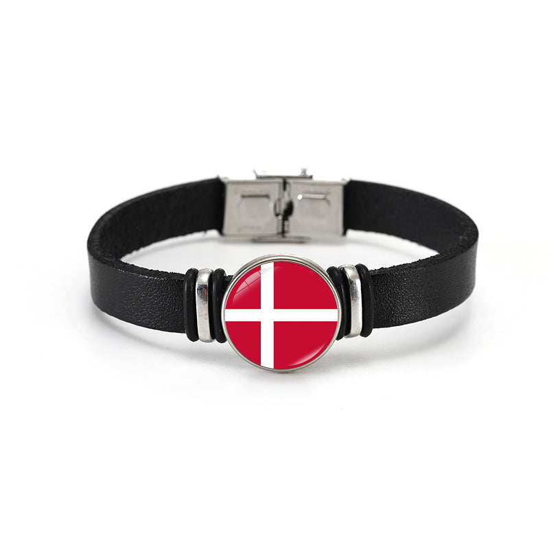 Geometric Plated Leather Bracelet Unisex World Cup Flag Design Casual Wristband