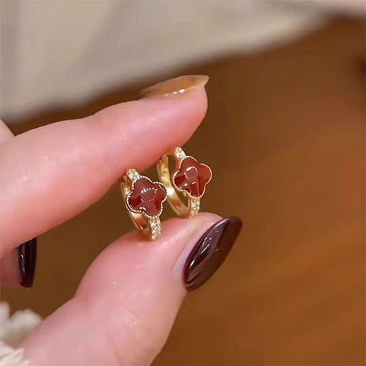 Minimalist Four-Leaf Clover Shaped Copper Earrings with Gold Plating and Red Enamel for Women