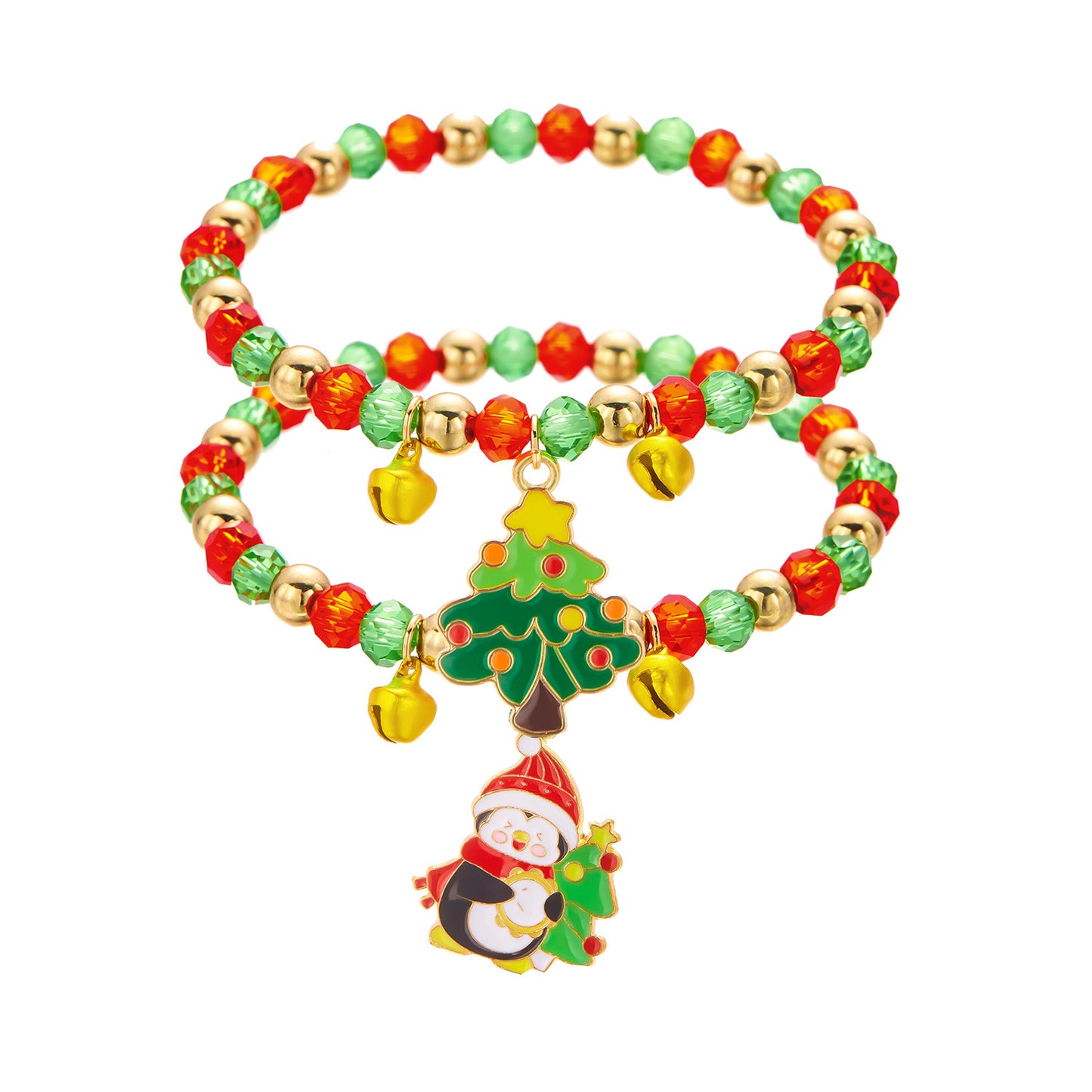 Pulsera de moda de Papá Noel y árbol de Navidad para mujer con cuentas de cristal rojas y verdes en cadena de aleación