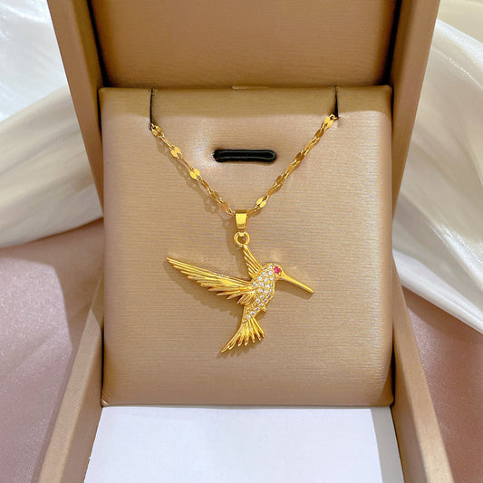 Luxury Geometric Woodpecker Pendant Necklace in Titanium Steel with Rhinestone Inlay for Unisex Collar Wear