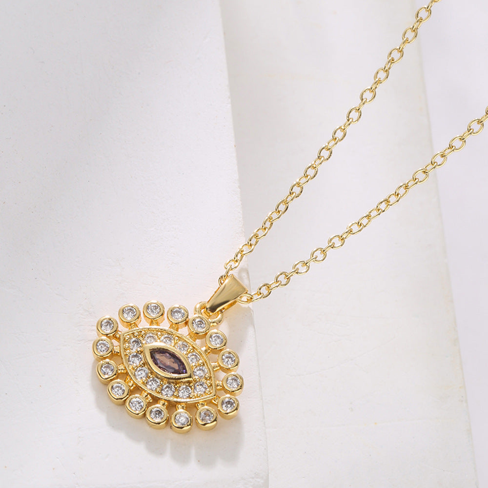 Minimalist Geometric Evil Eye Pendant Necklace for Women in Brass with Gold Plating and Multicolor Zircon Inlay