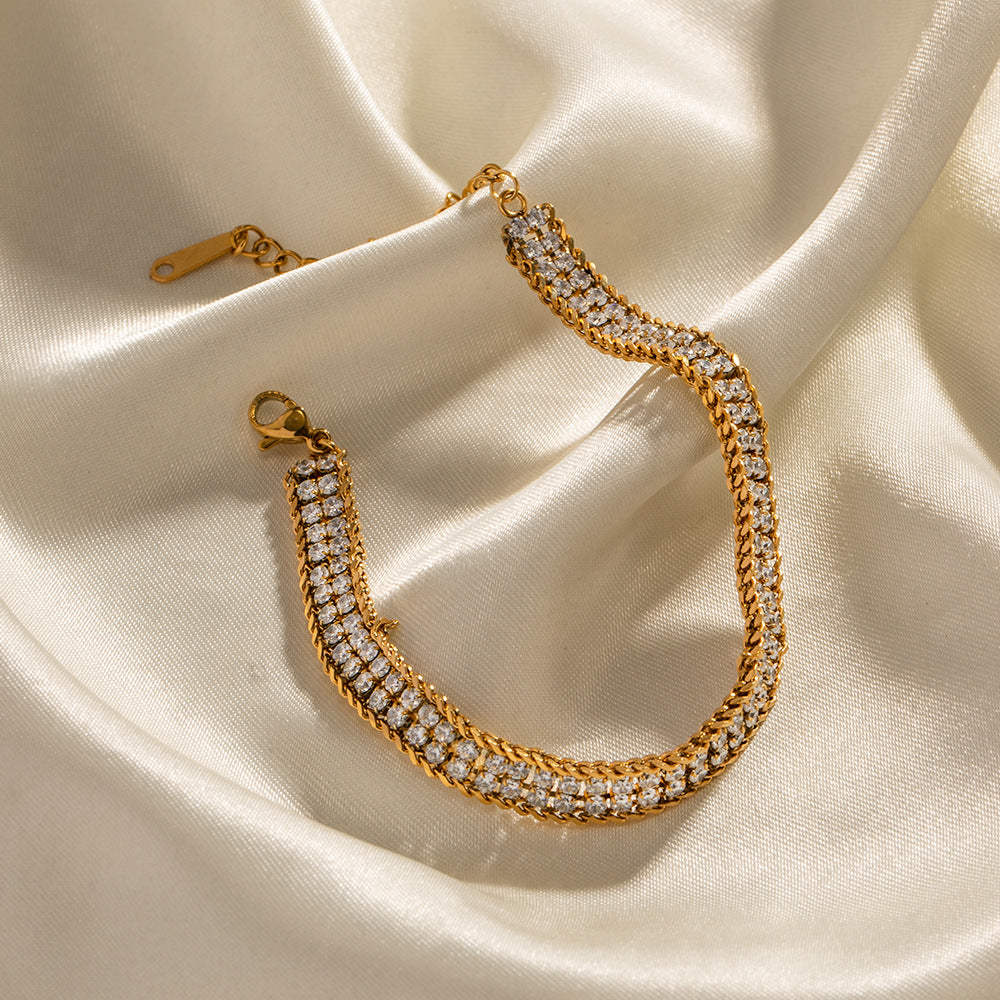 Minimalist Geometric Stainless Steel Bracelet with 18K Gold Plating and White Zirconia Accents