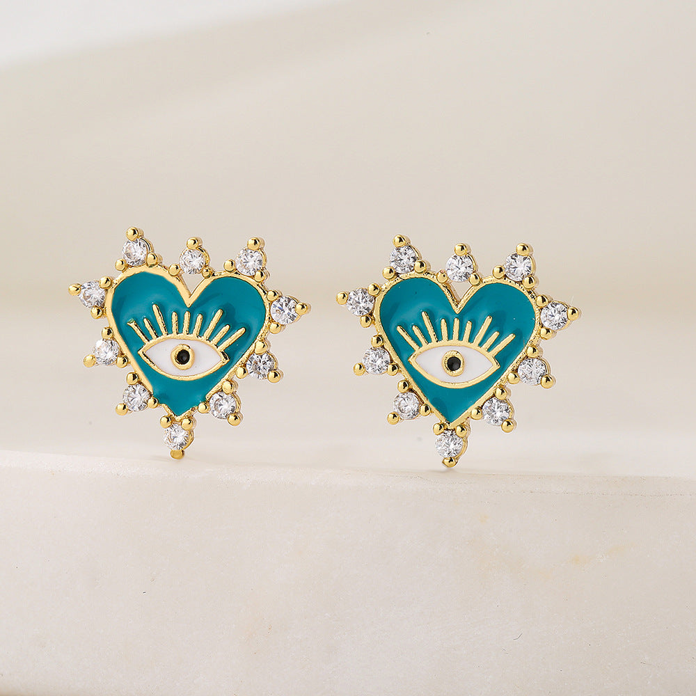 Geometric Earrings for Women with Copper Base Plated in 18K Gold and Enamel-Finished Zirconia Eye Accents