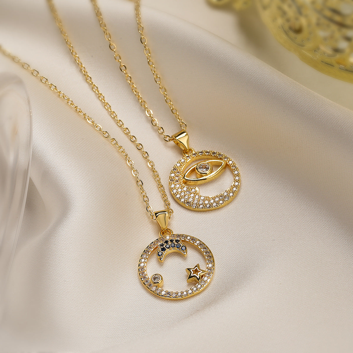 Minimalist Geometric Star Moon Eye Pendant Necklace for Women with Copper Base and 18K Gold Plating