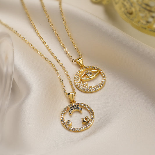 Collar con colgante minimalista geométrico de estrella, luna y ojo para mujer con base de cobre y chapado en oro de 18 quilates