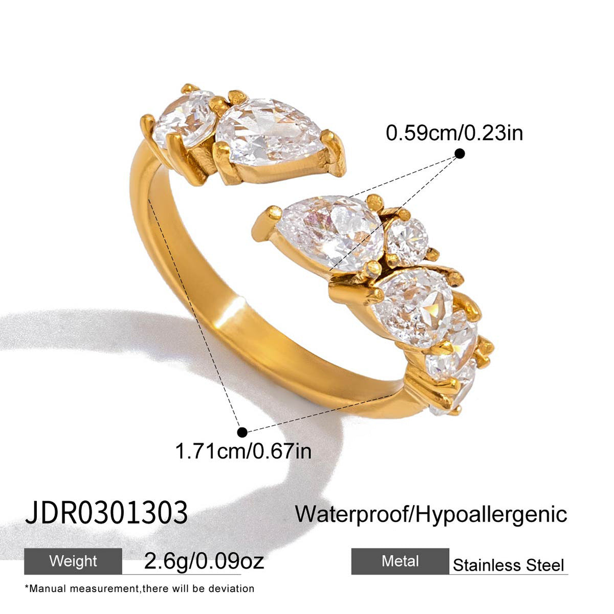Anello aperto da donna in acciaio inossidabile geometrico placcato oro PVD con zirconi cubici