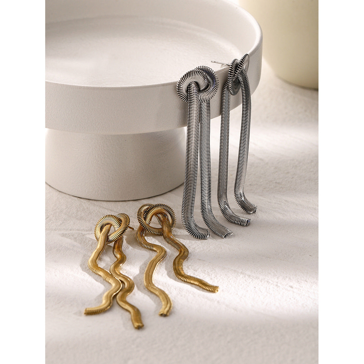 INS Style Irregular Tassel Earrings in Stainless Steel with Gold Plating and White Gold Tone Line Texture