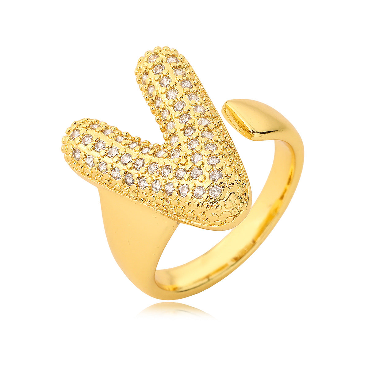 Minimalist Geometric Letter Zirconia Ring for Women in Copper with Gold Plating and Micro-Pavé Setting