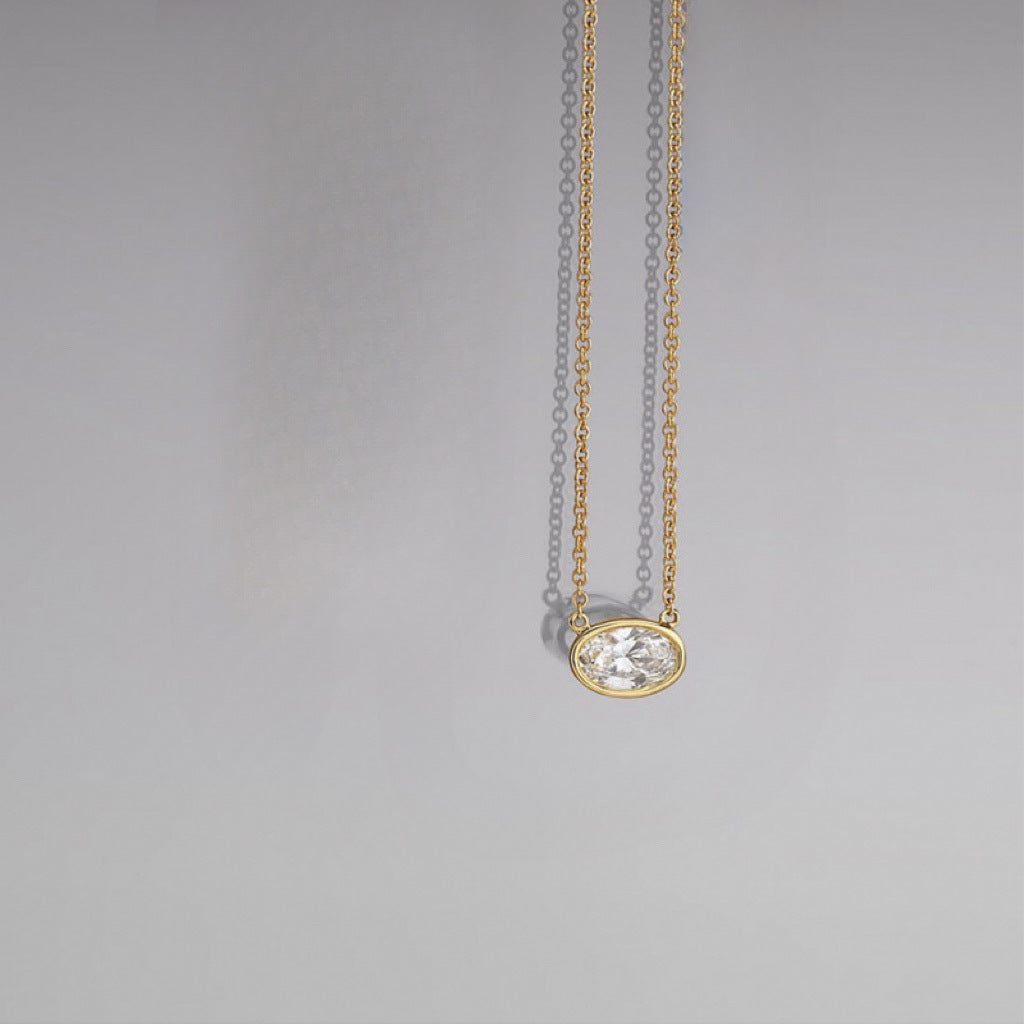 Minimalist Oval Geometric Pendant Necklace in Copper with Rhinestone Inlay and Gold Plating for Women