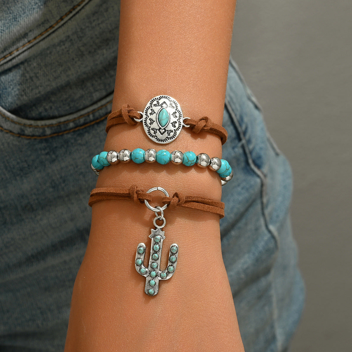 Vintage Cactus-Shaped Zinc Alloy Bracelet Set with Turquoise Inlay for Women