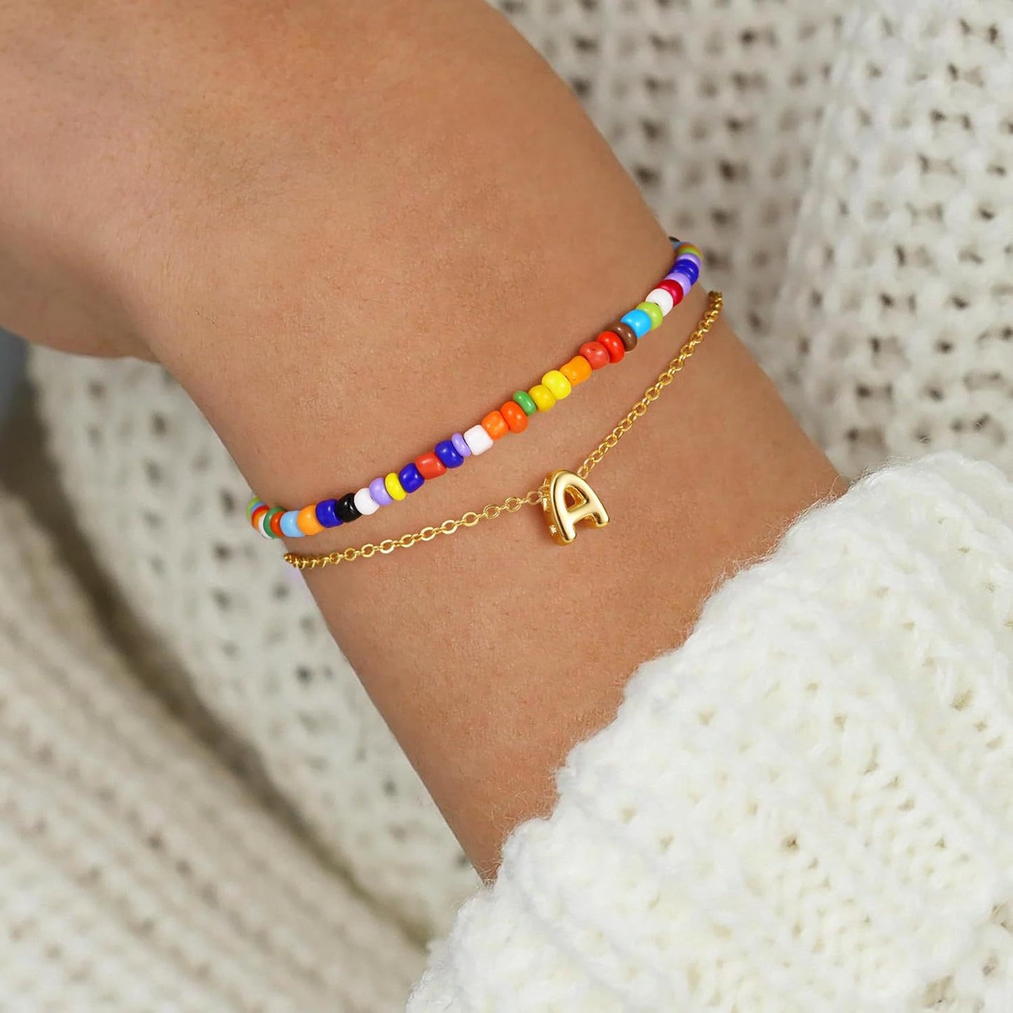 Bohemian Colorful Seed Bead Stainless Steel Letter Chain Bracelet Set