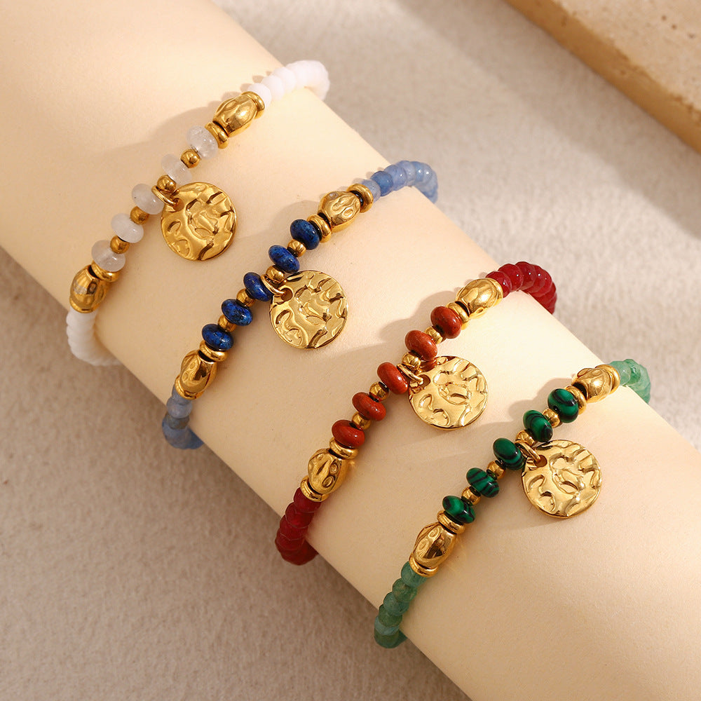 Vintage-Inspired Geometric Stainless Steel 18K Gold Plated Coin Bracelet with Natural Stone for Women