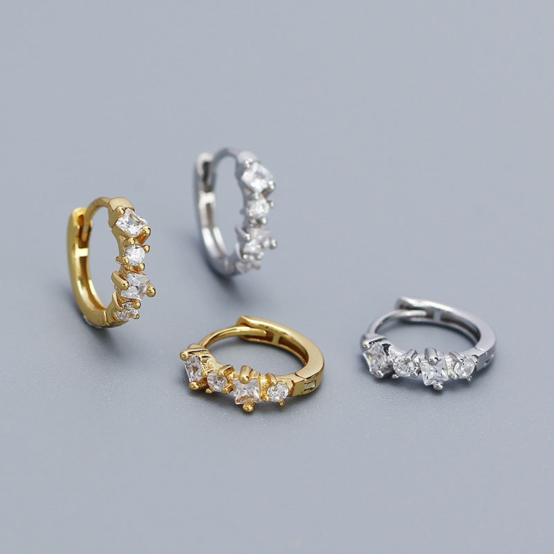 Elegant 925 Sterling Silver Geometric Round Square Rhinestone Plated Stud Earrings for Women