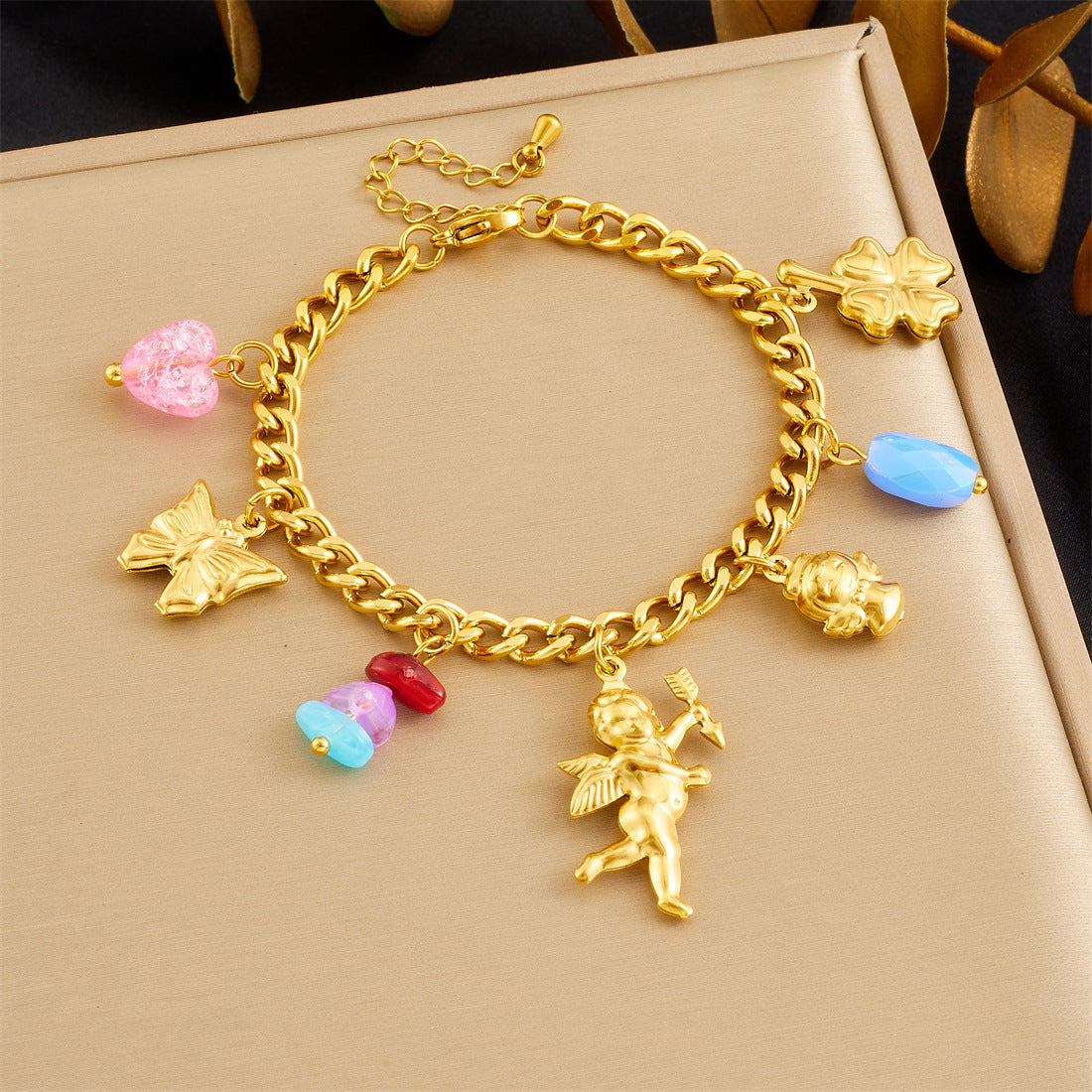 Cute Cartoon Gold Plated Stainless Steel Butterfly Flower Angel Pendant Jewelry Set for Women
