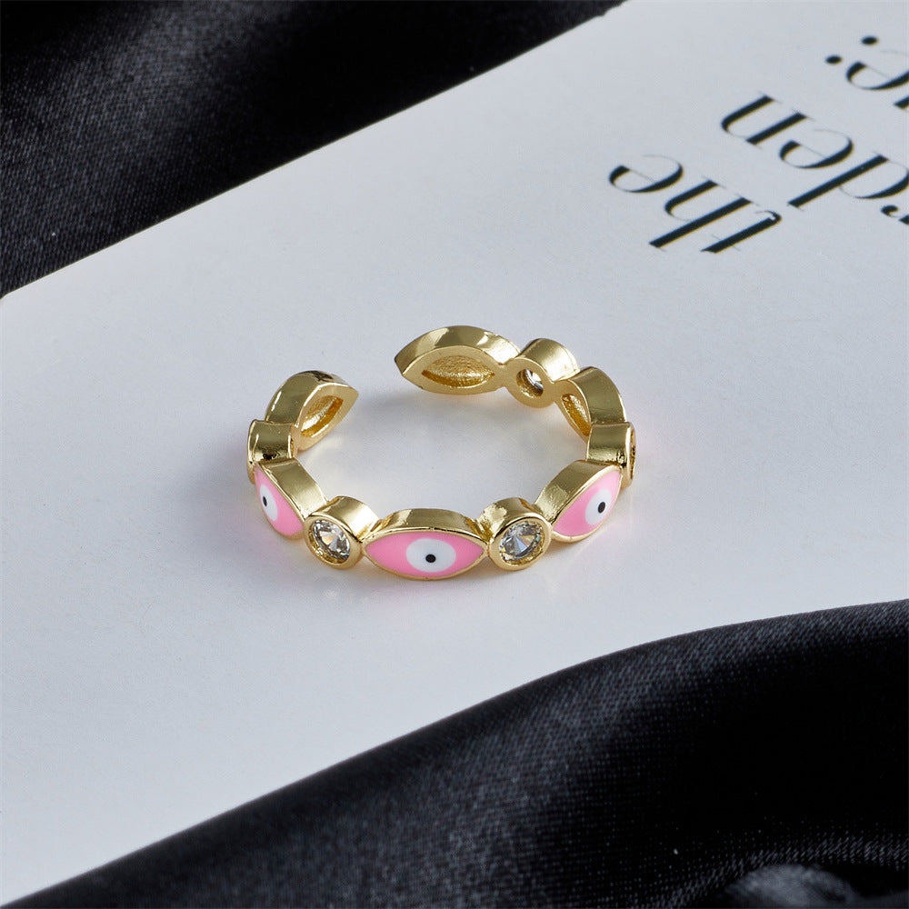 Anello Aperto con Occhio di Allah Geometrico Casual da Donna con Base in Rame Placcata in Oro 18 carati e Zirconia Micro-Incastonata con Finitura Smaltata