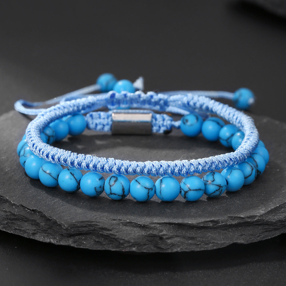Adjustable Men's Geometric Stone Bracelet with Lava Rock Turquoise and Tiger Eye Beads Handmade Bohemian Style