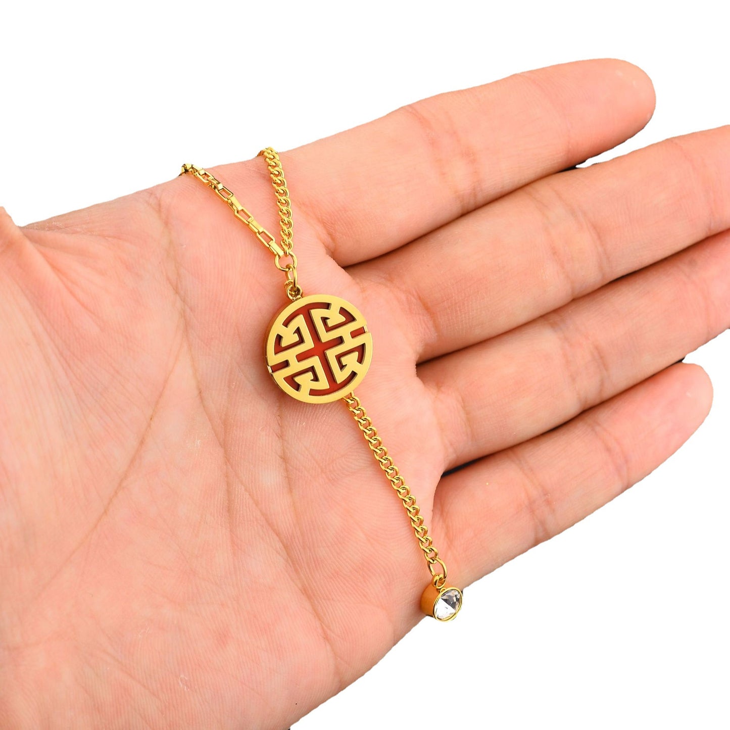 Minimalist Geometric Titanium Steel Lock Pendant Necklace with 18K Gold Plating and Red Enamel Accent for Women