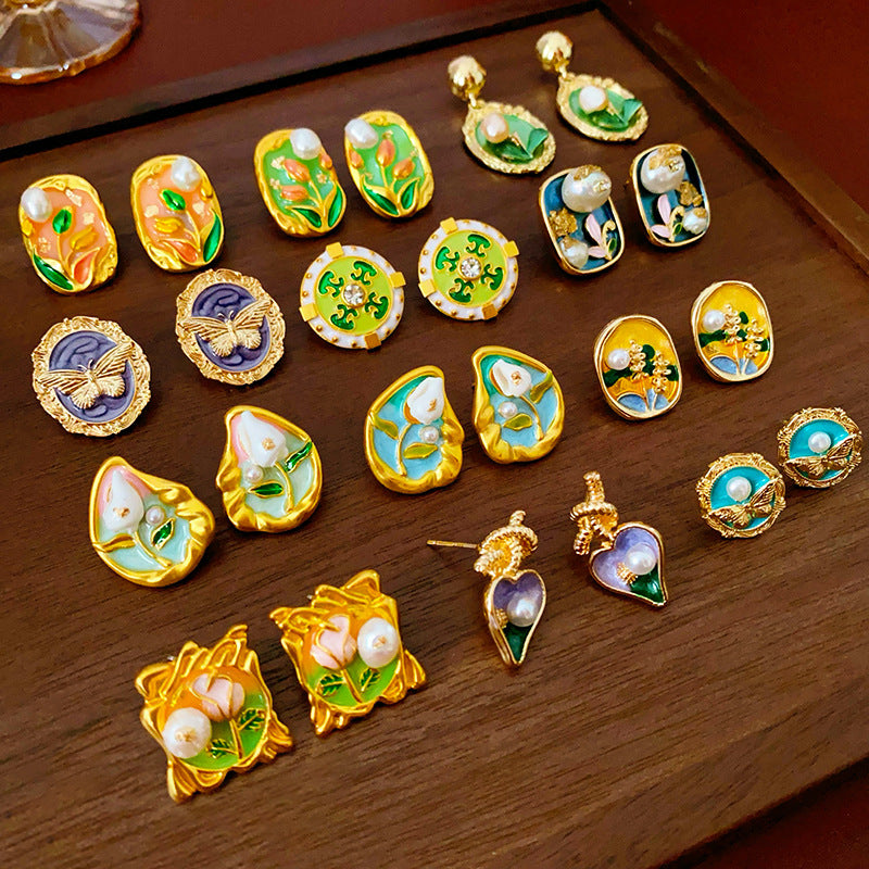 Vintage Floral and Geometric Enamel Earrings for Women with Gold-Plated Brass Base and Stainless Steel Posts